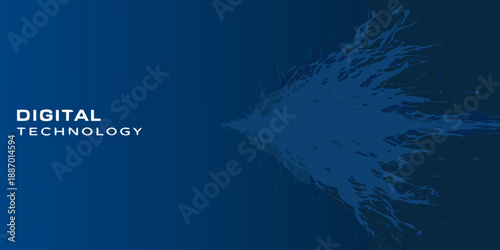 Abstract digital technology background with flowing particle effects and text overlay