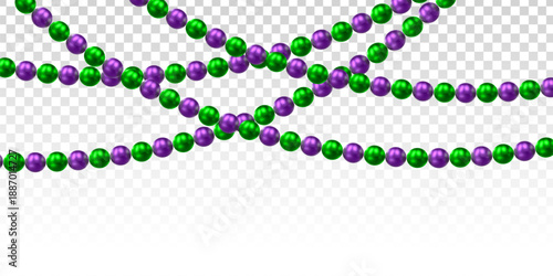 Vector Mardi Gras beads decoration with purple and green colors isolated on transparent background.