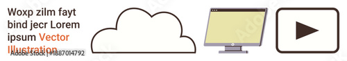 Cloud storage, digital technology, media streaming, online computing, content sharing, user interface. Cloud icon, computer monitor and play button. Cloud storage and digital technology concepts