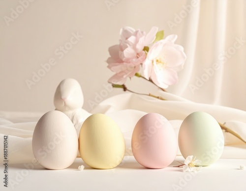 Soft Pastel Eggs with Blooming Flowers on a Light Background