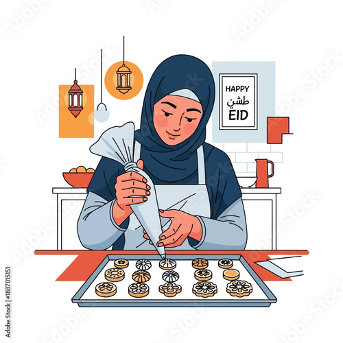 Woman in Hijab Decorating Eid Cupcakes.
