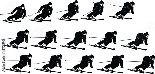 Skiing, silhouettes, collection, skier, downhill, sport, winter, action, snow, vector, illustration, flat, design, cad, drawing, isolated, white, background, set