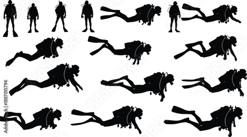 Scuba, diving, silhouettes, diver, underwater, sport, ocean, sea, equipment, fins, tank, black, vector, illustration, flat, design, cad, drawing, isolated, set