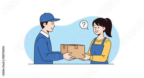 Delivery man handing a cardboard box to a woman who is confused about the package, symbolized by a question mark above her head.