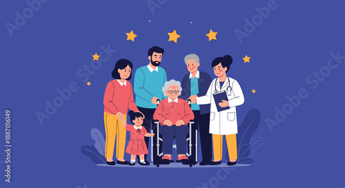 Supportive family with a female doctor providing care for an elderly grandmother in a wheelchair, illustrating senior healthcare and family love.