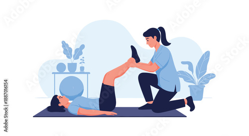 Female physiotherapist helping a patient with rehabilitation leg exercises on a mat, providing physical therapy for recovery and wellness.