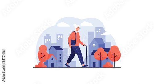 Independent elderly woman with glasses and a walking cane taking a stroll through a modern city, promoting an active senior lifestyle.