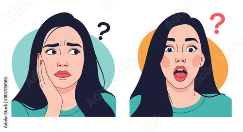 Two portraits of a young woman's face showing contrasting emotions of worry and surprise, both accompanied by a question mark symbol.