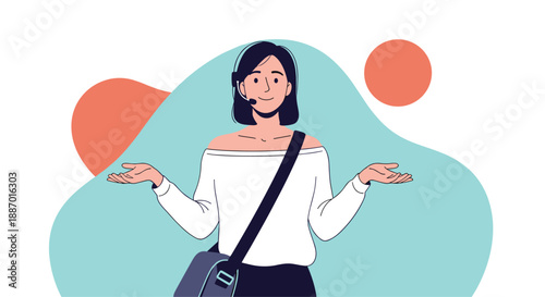 Friendly female tour guide or customer service representative with a headset and shoulder bag, shrugging with a welcoming gesture.