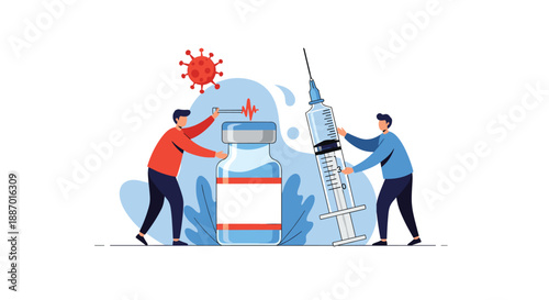 Medical concept illustration with two people holding a giant vaccine vial and a syringe, preparing to fight a coronavirus particle.