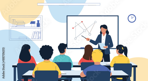Female teacher explaining a graph on a whiteboard to a diverse group of students sitting at desks in a modern, organized classroom.