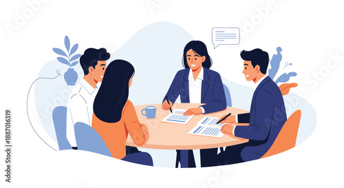 Professional financial advisor meeting with a young couple to discuss a contract, mortgage, or insurance plan in a modern office setting.