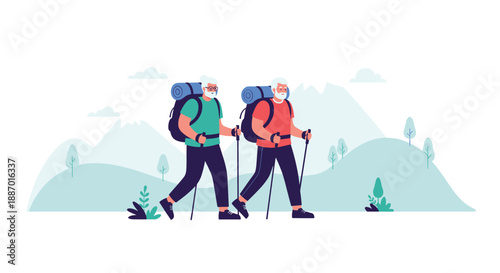 Active senior couple wearing face masks and backpacks, hiking in the mountains with walking poles, enjoying a healthy and adventurous retirement.