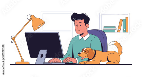 Man working from home on his computer with his friendly dog companion lying by his desk in a cozy and productive home office.