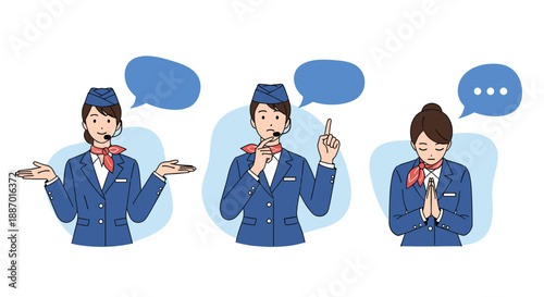 Set of illustrations of a Japanese flight attendant in uniform, showing various poses like welcoming, thinking, and apologizing.