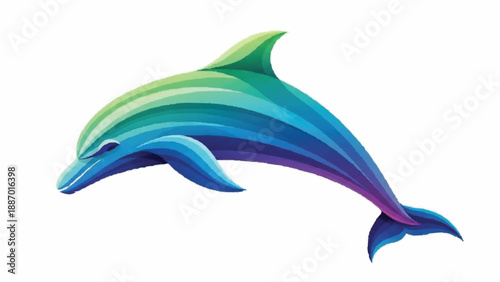 Stylized vector illustration of a jumping dolphin with a striking colorful gradient of green, blue, and purple tones on a white background.