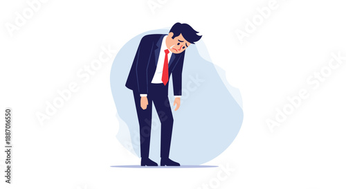 Exhausted and sad businessman in a suit looking down with a dejected expression, representing failure or burnout at work.