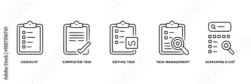 Five minimalist black line icons arranged side by side on a clean white background, each depicting a different object or symbol