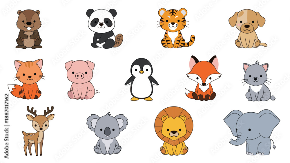 Obraz premium Adorable set of cartoon baby animals including a beaver, panda, tiger, puppy, fox, penguin, and elephant on a white background.