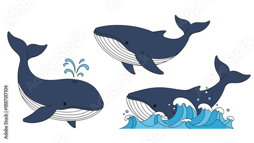 Group of blue whales swimming gracefully in the ocean with one whale blowing a spout of water into the air near waves.