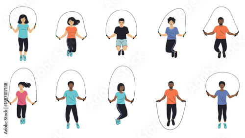Collection of diverse men and women in athletic clothing exercising by jumping rope against a plain white background for fitness themes.