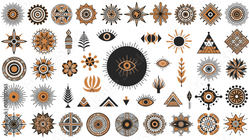 Large collection of diverse tribal, ethnic, and celestial icons including suns, eyes, stars, and geometric symbols in earthy tones.