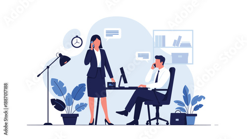 Business man and woman in professional attire talking on their mobile phones while working in a modern office environment.