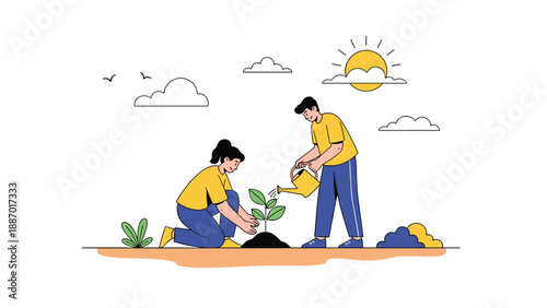 Young man and woman working together to plant and water a sapling in a field under a bright sun and cloudy sky.