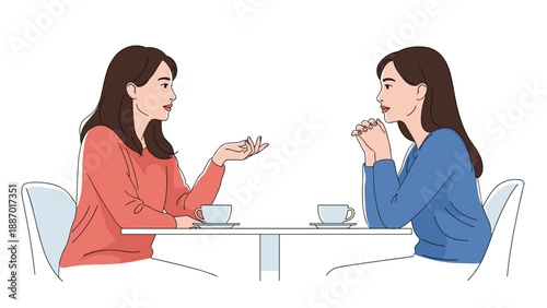 Two young women engaged in a friendly conversation while sitting at a cafe table with cups of coffee against a white background.