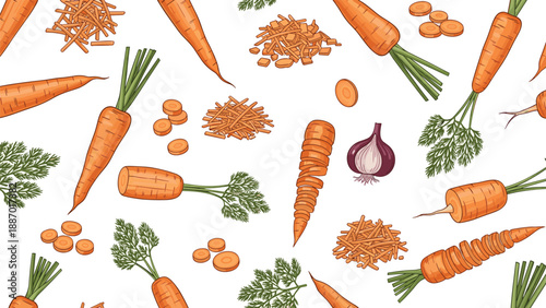 Vibrant seamless pattern of fresh carrots in various forms including whole, sliced, and shredded, accompanied by a red onion.