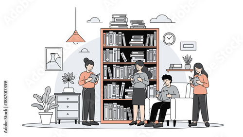 Group of young people enjoying reading books in a cozy room featuring a large bookshelf, comfortable seating, and indoor plants.