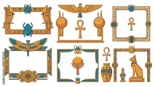 Collection of decorative frames and symbols inspired by ancient Egyptian art including scarabs, the ankh, falcons, and a cat.