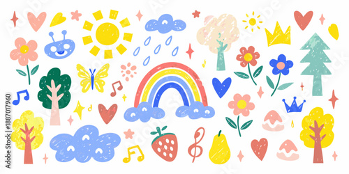 Colorful childlike drawing featuring rainbows suns flowers and various whimsical shapes