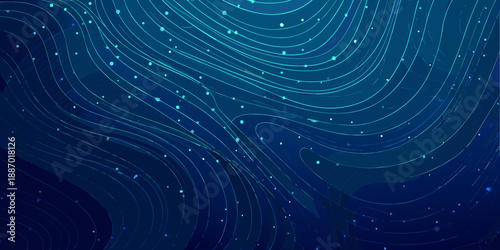 Abstract flowing lines and scattered dots create a vibrant blue background