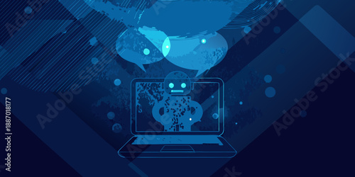 Digital communication concept featuring a laptop robot and speech bubbles