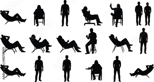 Black silhouettes of people sitting in lounge chairs relaxing standing and drinking coffee for leisure and lifestyle concepts on white