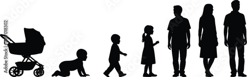 Black silhouettes showing the human life cycle from a baby in a stroller to a crawling infant child and adults
