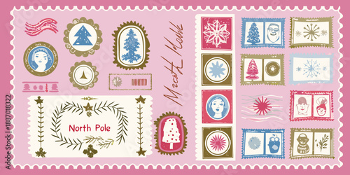 A collection of decorative vintage postage stamps with festive holiday designs
