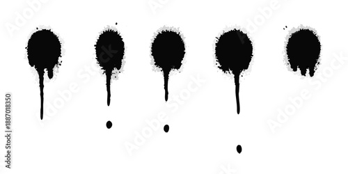 Five black ink blots with dripping trails and scattered smaller spots