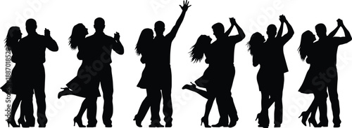 Collection of black silhouette couples dancing in various romantic poses including holding hands and spinning for wedding celebration and ballroom dance concepts