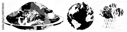 Halftone Earth, UFO, and Raincloud Weather Symbols in Black and White