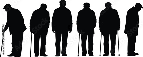 Collection of elderly man silhouettes walking with cane and wearing flat cap hat in various standing poses for geriatric healthcare and aging concepts