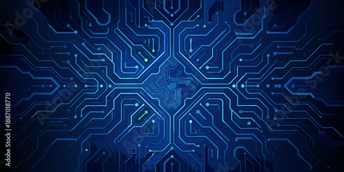 Abstract digital circuit board pattern with glowing blue lines and central focus