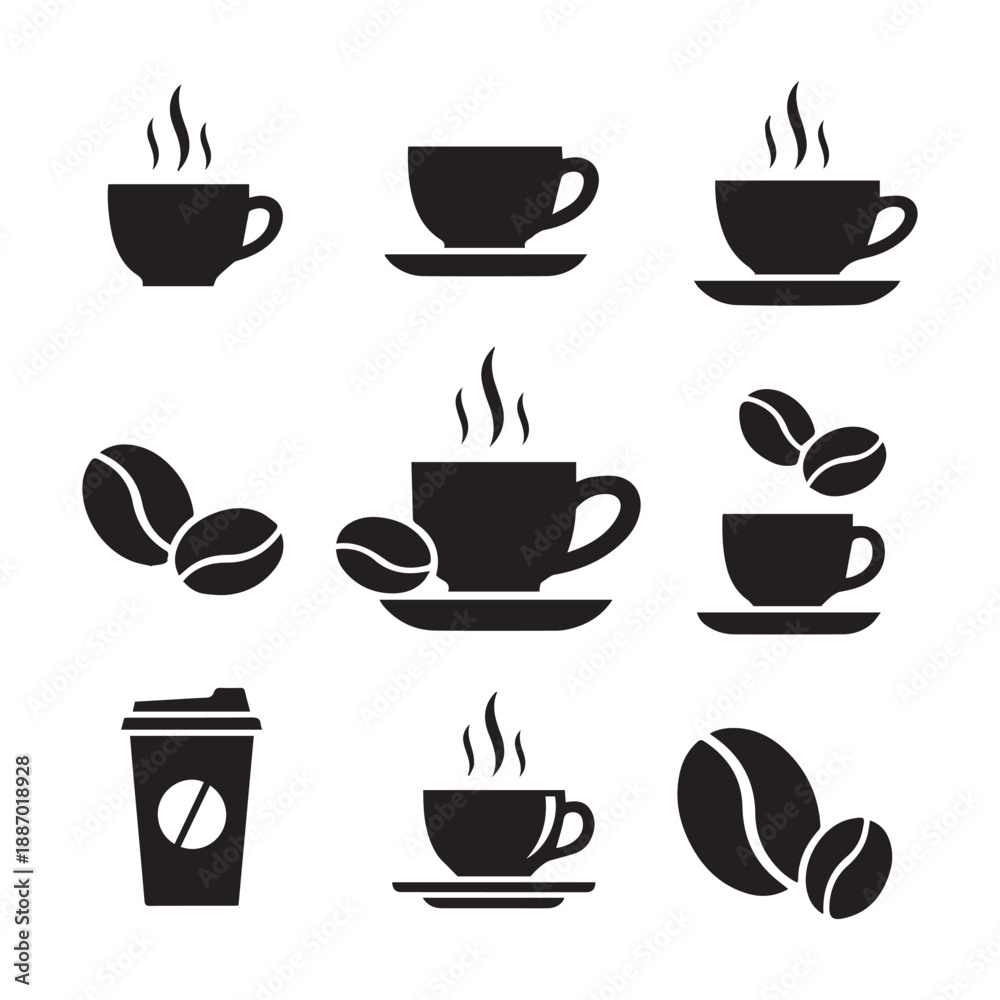 Obraz premium Coffee Cup and Bean Icon Collection – Barista & Cafe Design