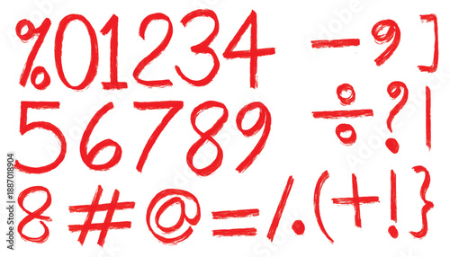 Red mathematic icons for arithmetic, education, calculators, and digital interface design. Handwritten characters, numbers. Plus, minus, multiply, divide, and equal sign.  Marker academic symbols