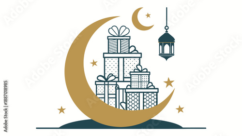 Ramadan gift hamper silhouette with crescent moon stars and lantern stacked presents
