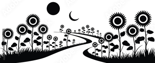 minimallistic black and white sunflower landscape illustration, vector artwork featuring sunflower fields, rural scenery, and natural elements, perfect for art, design, botanical, and decorative.
