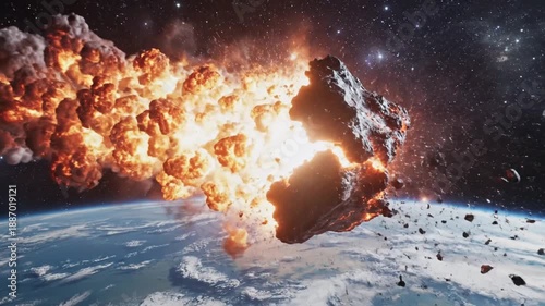 Asteroid Impacting Earth with Intense Explosion.