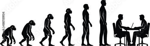 Human evolution concept from primitive apes to modern office professionals working on laptops for business development and technological progress themes
