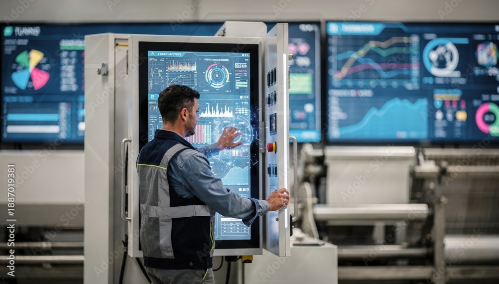 Fototapeta premium Medium shot of technician interacting with touchscreen controls in AIenhanced ginning room large digital displays presenting tuning data in softly blurred surroundings.